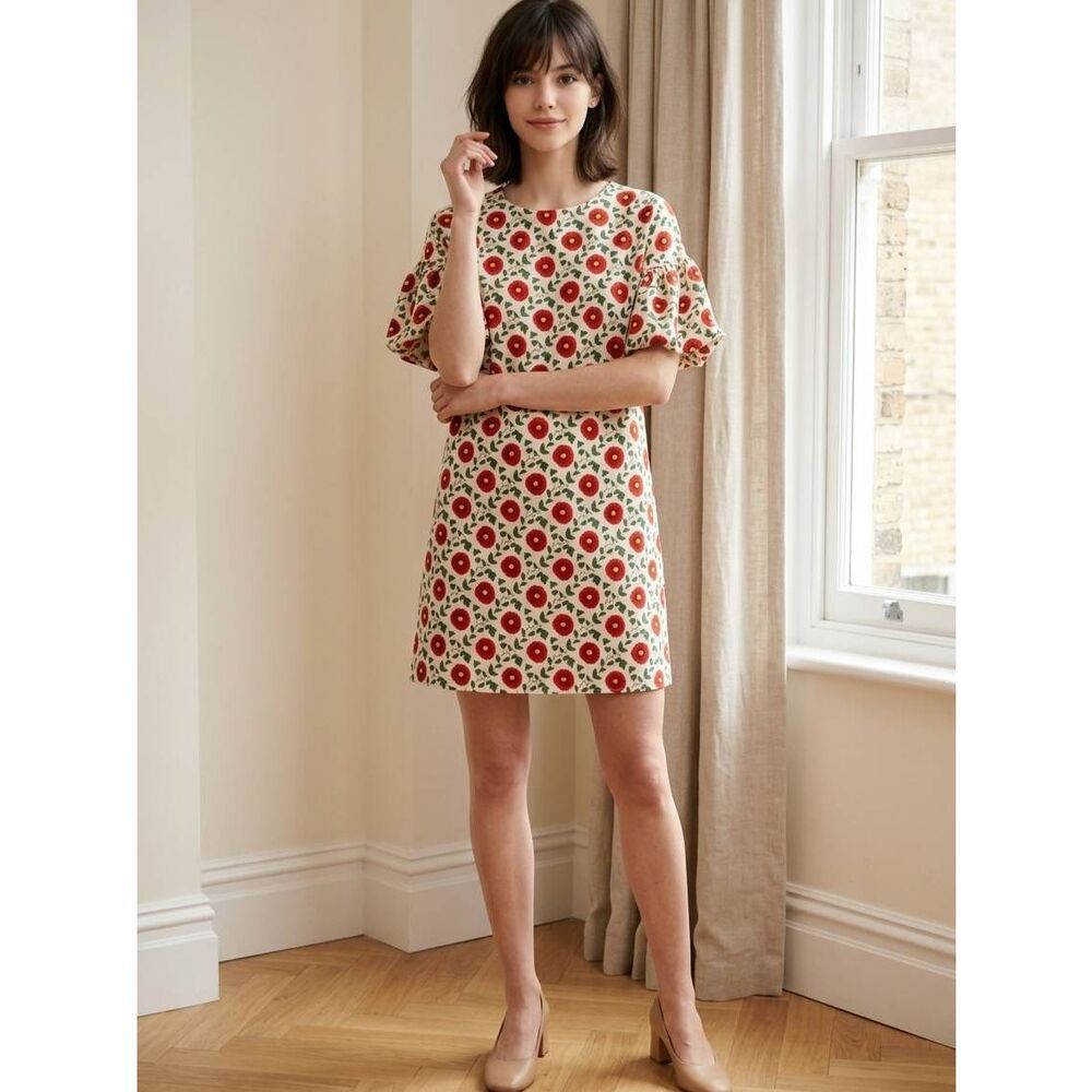 🔸️NWT Compania Fantastica Cream & Red Floral Bubble Sleeve Dress Large